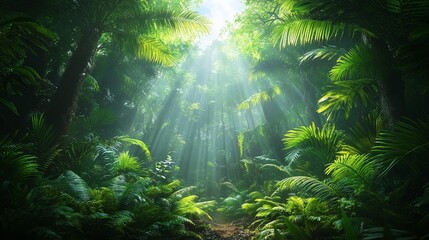 Obraz premium Sunlight Filtering Through Lush Tropical Forest