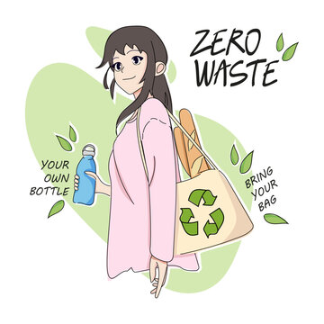 Vector Illustration of Anime Style Zero Waste Concept with Transparent Background, Featuring a Girl with Reusable Bag and Bottle.