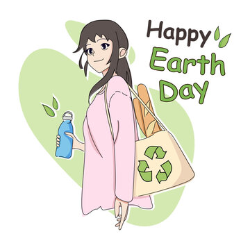 Vector Illustration of Happy Earth Day in Anime Style, Transparent Background, Eco-Friendly Image
