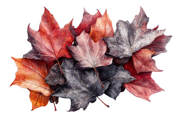 Fototapeta premium A collection of vibrant autumn leaves in various shades of red, orange, and black, arranged artfully on a white isolated background.