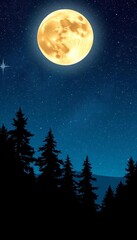 Naklejka premium This breathtaking image captures the beauty of a starry night sky with a full moon illuminating the landscape. Silhouetted trees add depth and mystery to the scene, creating a tranquil.