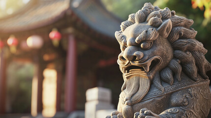 Obraz premium Stone lion guardian statue at Chinese temple