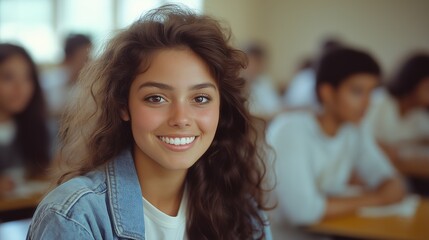 Fototapeta premium Student smiling in classroom environment with peers in background
