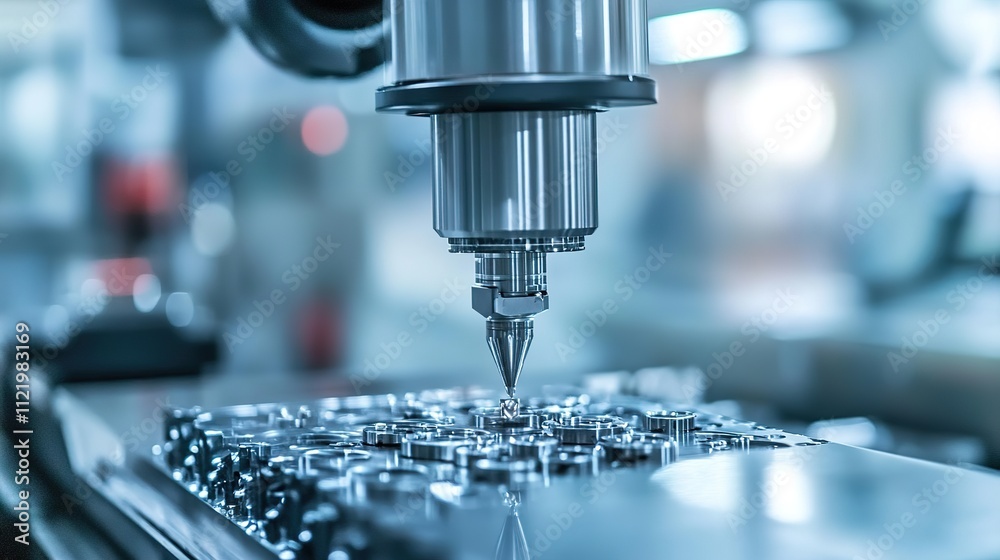 Poster a state-of-the-art precision machine creating finely detailed components in a factory.