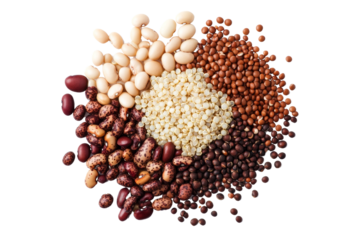 A colorful assortment of various legumes and grains displayed on a white isolated background, showcasing diversity in food sources.