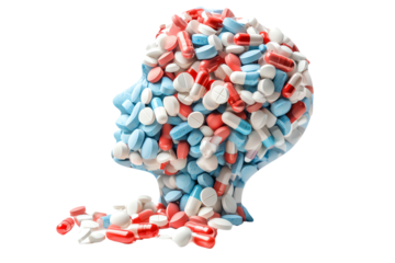 A colorful representation of a human head, formed entirely of red, white, and blue pills, symbolizing the complexities of mental health.
