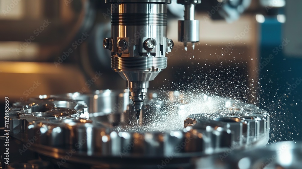 Poster a state-of-the-art precision machine creating finely detailed components in a factory.