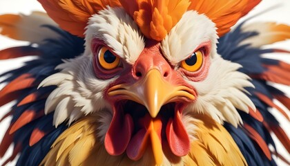  A cartoon-style angry chicken with vibrant orange feathers puffed up and a fierce expression AI Generative