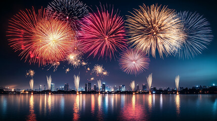 Fototapeta premium Fireworks over city skyline during Chinese New Year