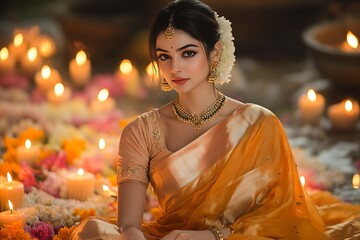 Radiant Woman in Mustard Sari with Festive Jewelry and Flowers