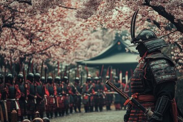 Naklejka premium Samurai warriors stand ready in cherry blossoms under a serene sky