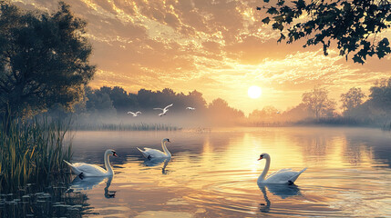 Naklejka premium A serene landscape features a tranquil body of water reflecting the golden hues of a sunset. In the foreground, three elegant swans glide gracefully across the smooth surface, their white feathers con