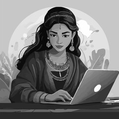 black and white illustration of girl with laptop
