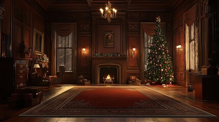 New Year's interior with Christmas tree, American house 