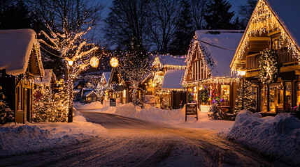 Fototapeta premium A snowy street in a charming village illuminated with festive lights at night. The scene captures cozy, snow-covered houses adorned with bright holiday lights and decorations, including wreaths and or