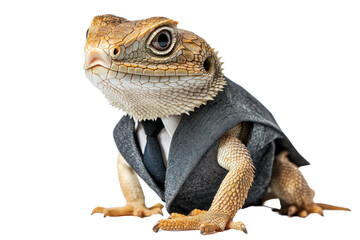 Fototapeta premium A dressed-up lizard in a suit, showcasing a playful blend of nature and fashion against a white isolated background.