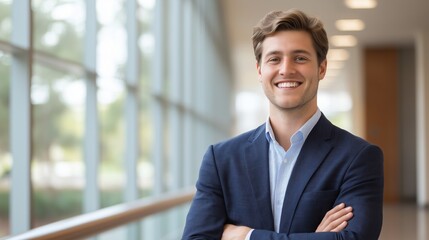 Fototapeta premium Confident young professional standing in modern office building corridor