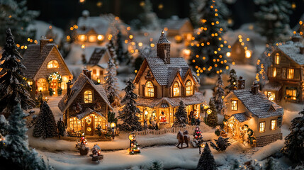 Fototapeta premium A beautifully detailed miniature winter village scene showcases charming houses adorned with bright golden lights. The houses have snow-dusted roofs and are surrounded by evergreen trees, adding to th
