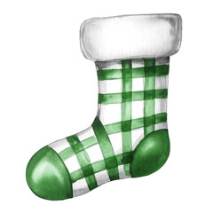 Watercolor Christmas stocking with green checkered pattern. The sock has a fluffy texture, isolated on white background. Perfect for xmas greeting cards and seasonal illustrations