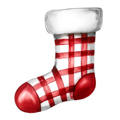 Watercolor Christmas stocking with red checkered pattern. The sock has a fluffy texture, isolated on white background. Perfect for xmas greeting cards and seasonal illustrations