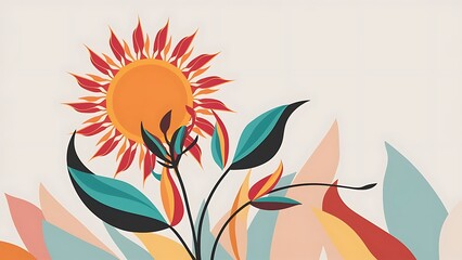 Obraz premium Minimalist abstract background with leaves and sun. Vector illustration. floral wall art print home decor