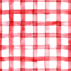 Seamless watercolor red gingham pattern on white background. Repeating checkered pattern. Perfect pattern for xmas greeting, Birthday party, or invitation cards and seasonal illustrations