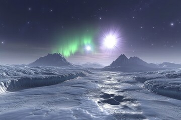 Naklejka premium Ethereal landscape with northern lights and twin suns. Generative AI