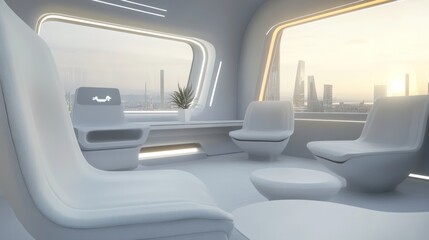 Obraz premium Modern minimalist lounge with city view and natural light