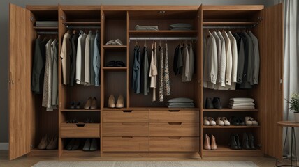 Organized wooden wardrobe with clothes, shoes, and drawers.