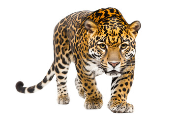 Obraz premium A majestic jaguar prowling forward, showcasing its stunning coat of golden fur adorned with distinctive black rosettes, on a white isolated background.