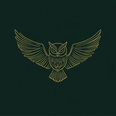 Obraz premium Golden line art owl in flight, dark green background.
