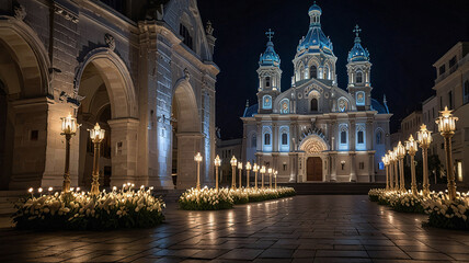 Obraz premium A grand church illuminated at night, with intricate architectural details and blue-domed towers. Rows of lit candles and white flowers lead to the entrance, creating serene, awe-inspiring atmosphere.