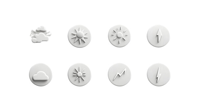 A set of 12 minimalist weather icons including sun, cloud, rain, snowflake, and lightning, isolated on a seamless white background