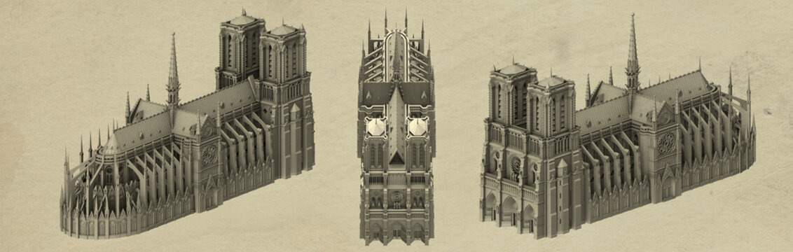 Planimetric views of Notre Dame Cathedral in Paris. Front, side, back and top views, reconstruction of the church after the roof fire. 3d rendering