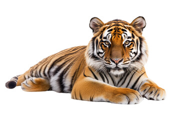 Fototapeta premium A majestic tiger lying gracefully, showcasing its powerful muscles and striking fur patterns against a white background.