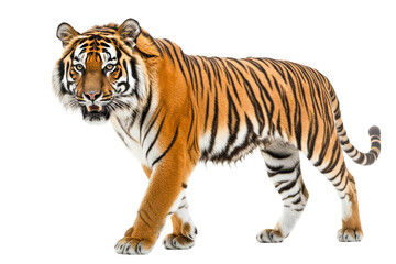 Obraz premium A majestic tiger prowling with its distinctive orange fur and bold black stripes, showcasing its powerful presence against a white isolated background.