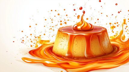 Vibrant Glossy Caramel Flan Surrounded by Swirling Caramel Splash