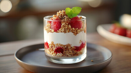 Layered yogurt parfait with granola and raspberries