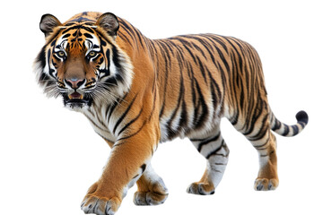 Obraz premium A majestic tiger walking confidently, showcasing its striking orange coat and distinctive black stripes, with a focus on its powerful stance.