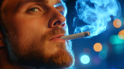 Fototapeta premium man smoking cigarette with glowing city lights behind