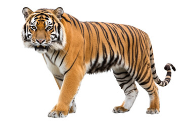 Obraz premium A majestic tiger walking gracefully, showcasing its vibrant orange fur and striking black stripes on a white isolated background.