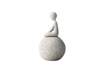 A minimalist sculpture depicting a human figure sitting on a spherical object, emphasizing simplicity and tranquility, isolated on a white background.