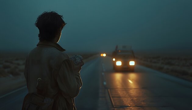 Person on a lonly road at night and car