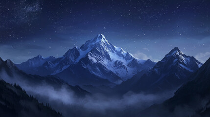 A realistic painting showcasing a majestic mountain night view, Outdoor landscapes with mountain textures with glowing lights, night peak evening mist landscape natural view.