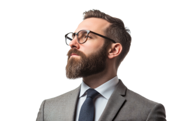 A professional man with a beard and glasses showcasing confidence, dressed in a formal suit against a white isolate background.