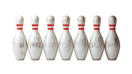 A set of ten bowling pins arranged in a classic formation isolated on transparent background (3)
