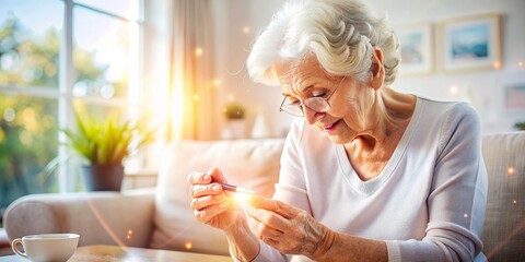 Aged hands, a lancet's gleam, diabetes test at home:  self-care, elderly health in sharp focus.