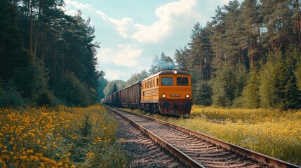 Obraz premium Freight Train Journey Through Lush Forest