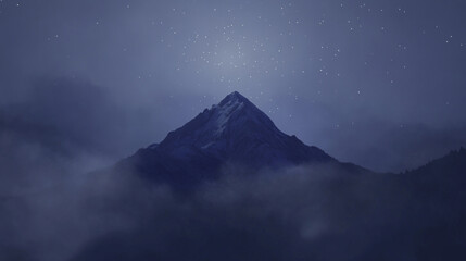 A realistic painting showcasing a majestic mountain night view, Outdoor landscapes with mountain textures with glowing lights, night peak evening mist landscape natural view.