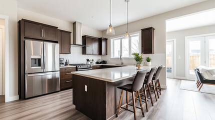 Modern kitchen with stainless steel appliances, spacious layout, and natural light in a contemporary home setting